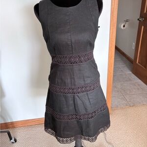 Laundry By Shelli Segal Black Linen Lace Trim Midi Dress